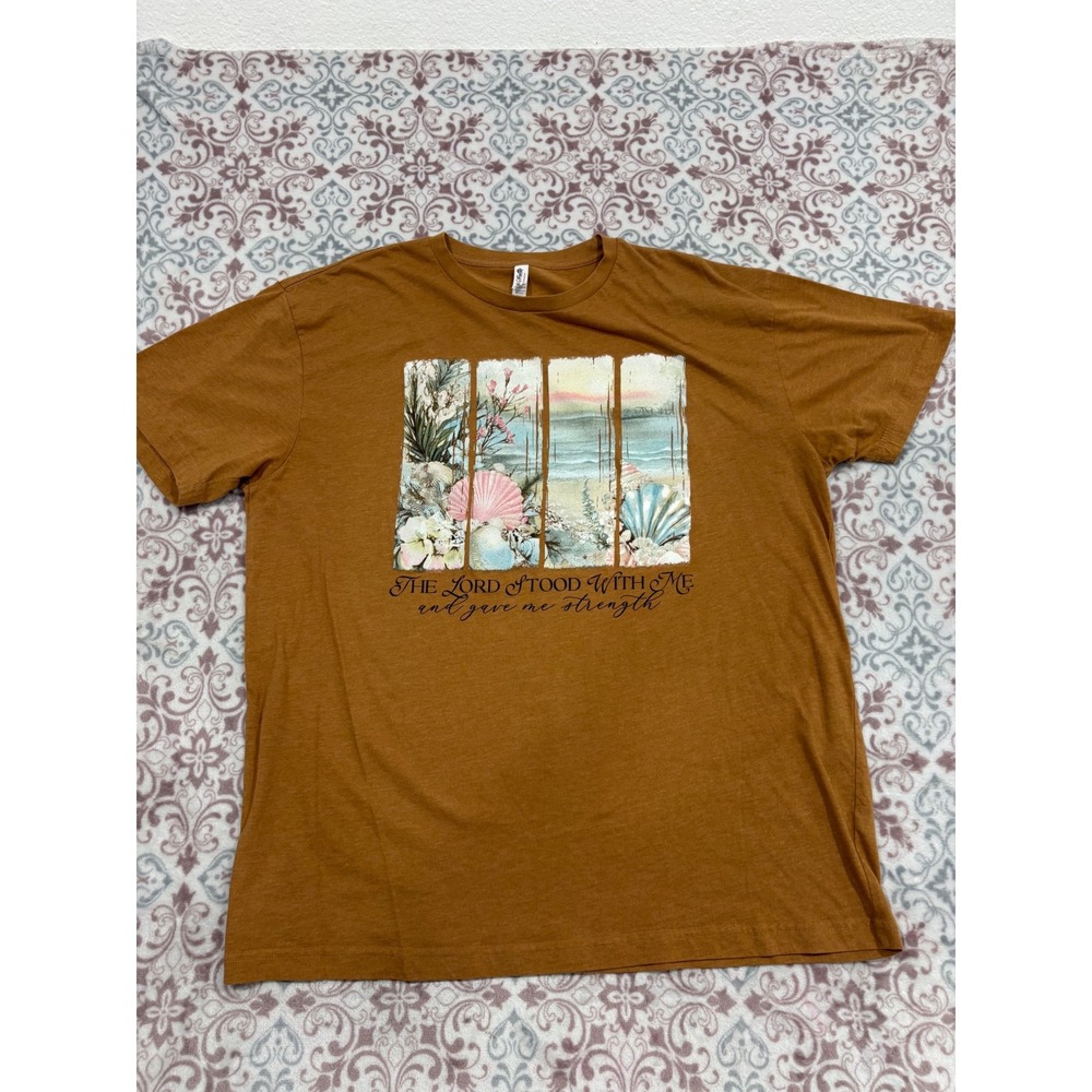 Love in Faith Mens XL Rust Brown Christian Graphic T-Shirt Coastal Seashells Tee